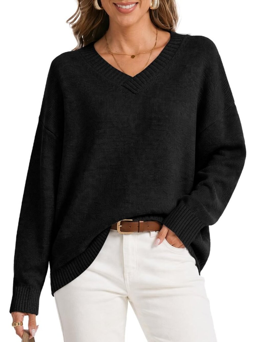 Women's Black Lightweight Long Sleeve Oversized Cashmere Blend V Neck Sweaters